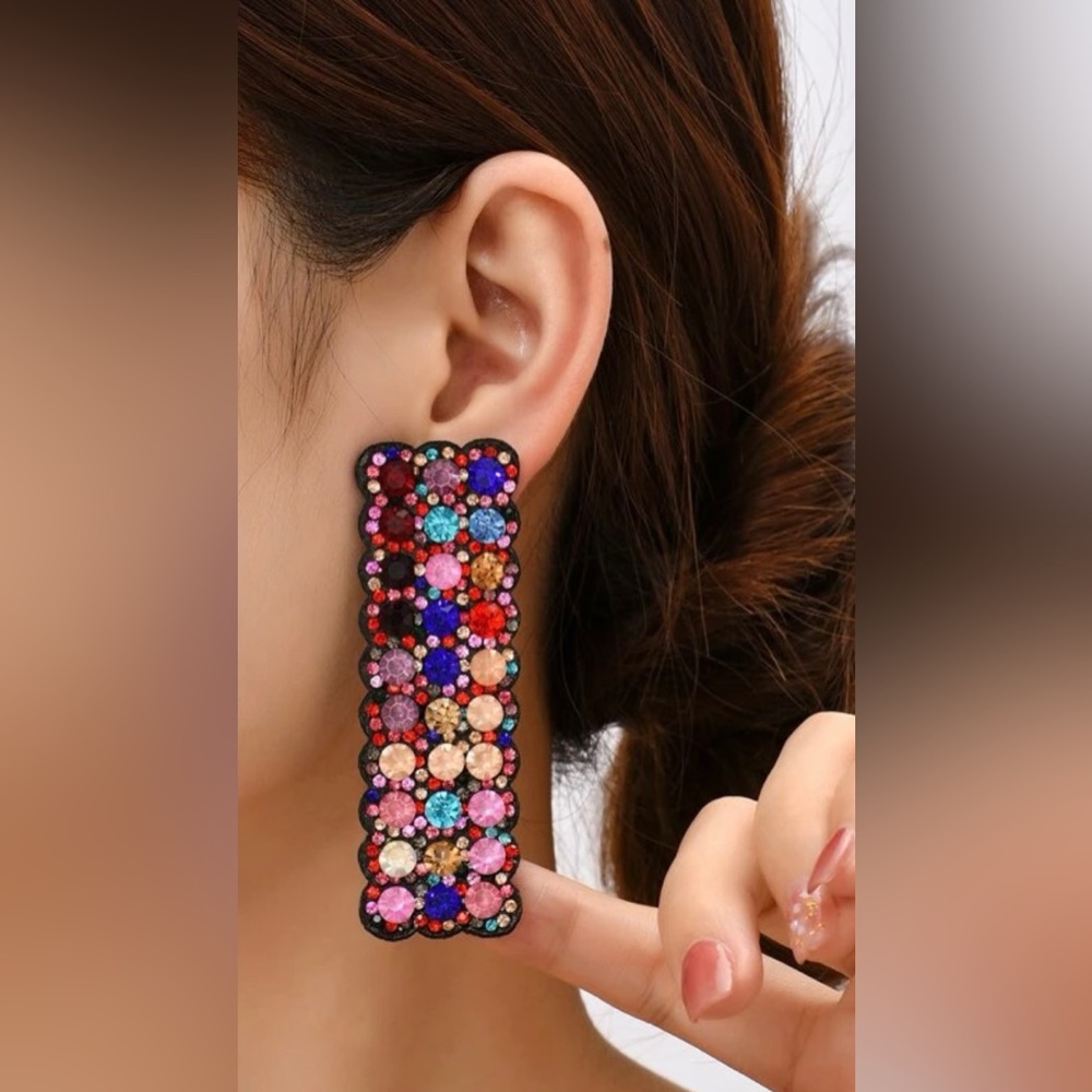 Bright Blingy Long Rectangle Earrings - Multicolor Rhinestones